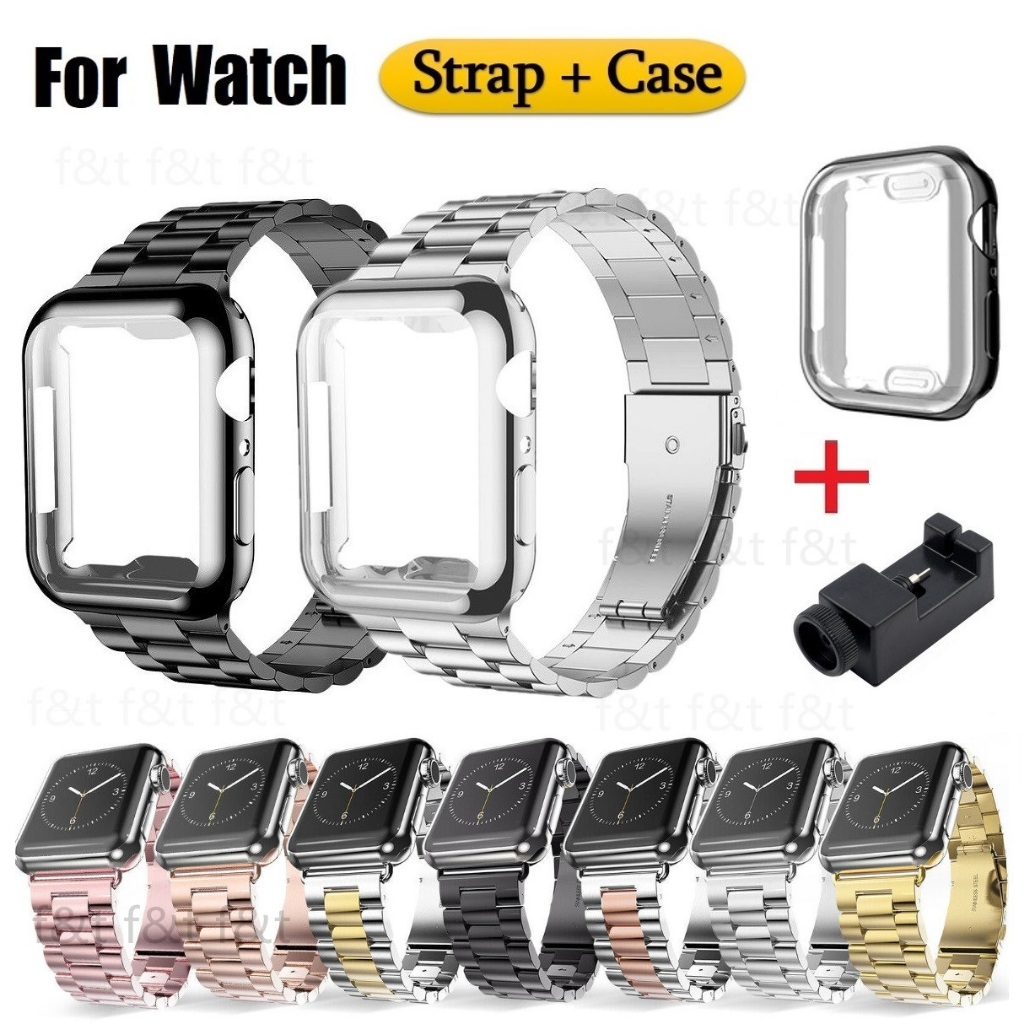 Luxurious Watch Strap + Case Compatible For i Watch Series 1/2/3/4/5/6/7/8/9/ SE, SE2, Ultra Strap Stainless Steel Metal Replacement Watch Straps Size 41mm 45mm Strap 42mm 38mm 40mm 44mm 49mm สาย i watch Strap
