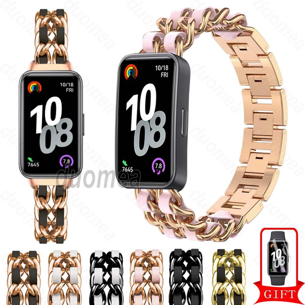 สายโลหะพร้อมสร้อยข้อมือหนังอุปกรณ์เสริมวงสแตนเลสสําหรับ Huawei Band 11 Pro 10 9 8 7 6 / Honor Band 9 7 6