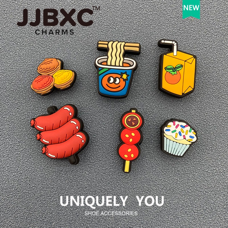JJBXC ตัวติดรองเท้า charm ชุดหัวเข็มขัดตกแต่งอาหาร ขนมทาร์ต ไอศกรีมพาย บะหมี่กึ่งสำเร็จรูป อุปกรณ์ตกแต่งรองเท้า