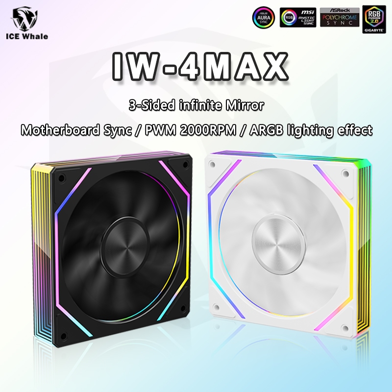 Ice Whale IW-4MAX ARGB พัดลมเคส 120 มม.3 ด้านเต็มหน้าจอ Infinite Mirror เมนบอร์ดแสง Sync 2000RPM PWM