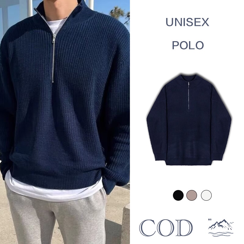 BS | Polo ผู้ชายเกาหลี ซิปถักลายทึบ แขนยาว (โทนสีน้ำเงิน-ดำ-เทา) สไตล์สเว็ตเตอร์/เสื้อโปโล