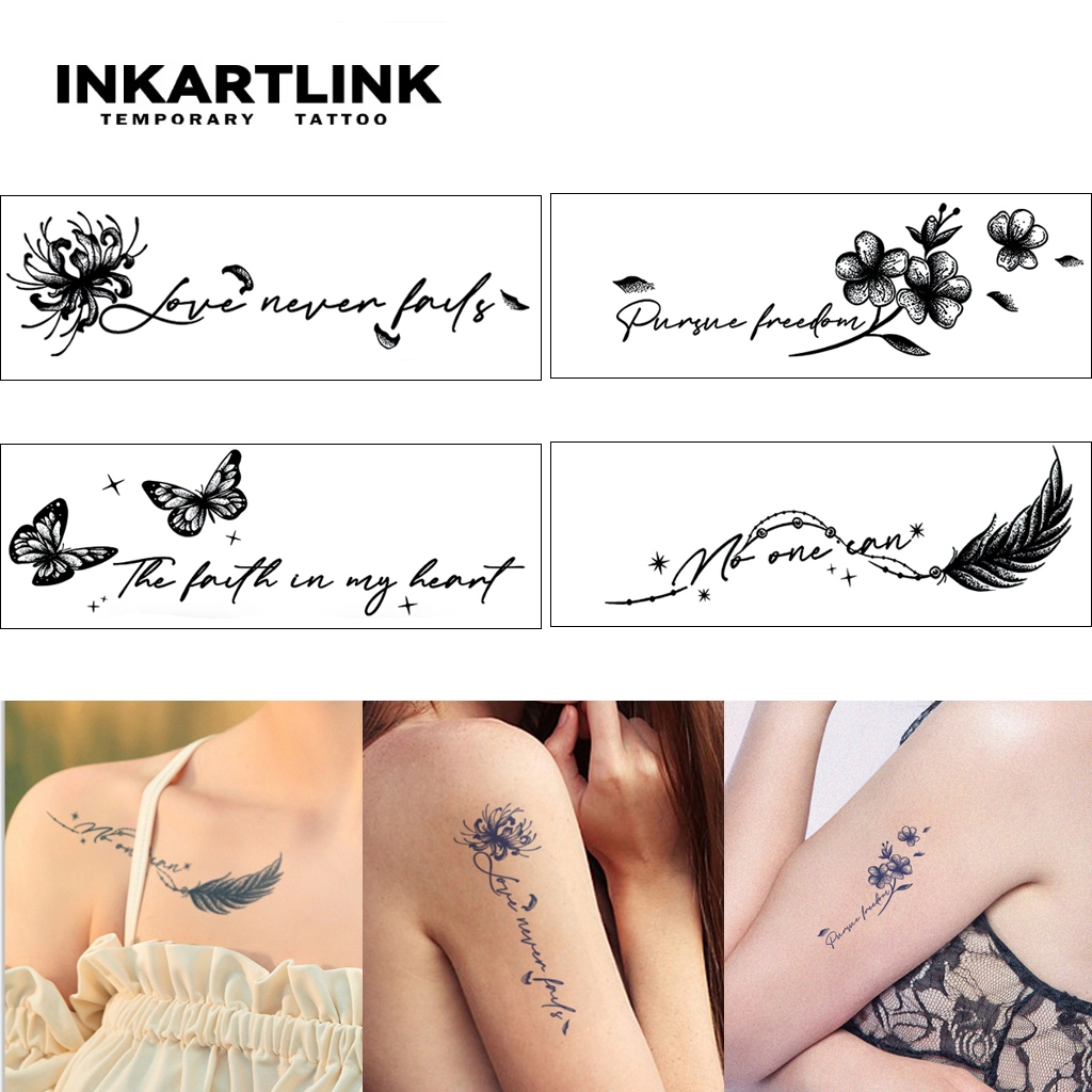 4ชิ้น INKARTLINK ภาษาอังกฤษอารมณ์พระกับดอกไม้สติกเกอร์รอยสักชั่วคราว,กันน้ํายาวนานเมจิกสัก,ติดทนนานถึง15วันสักปลอม,ชุดกึ่งถาวร