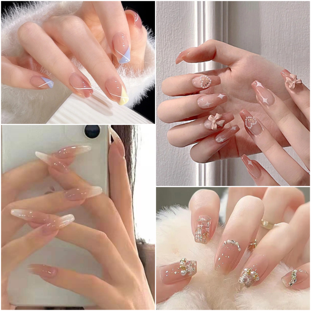 เล็บปลอมดีไซน์ไม่ซ้ำใคร Unique เล็บปลอม ชนิดอะคริลิค สไตล์ฝรั่งเศส สีขาว ชมพู 24 ชิ้น