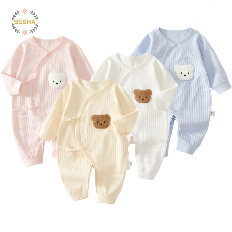 0-6ม ทารกแรกเกิดผ้าฝ้าย ชุดจั๊มสูท ทารกแขนยาวสีทึบชุดนอนชิ้นเดียว