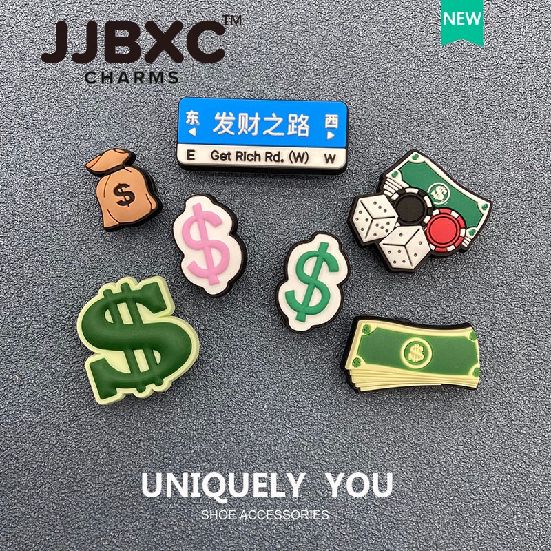JJBXC ตัวติดรองเท้า charm ยางลายธนบัตร กระเป๋าเงิน สัญลักษณ์เงิน สไตล์แฟชั่น เสริมลุคสายรวย อุปกรณ์ตกแต่งรองเท้า