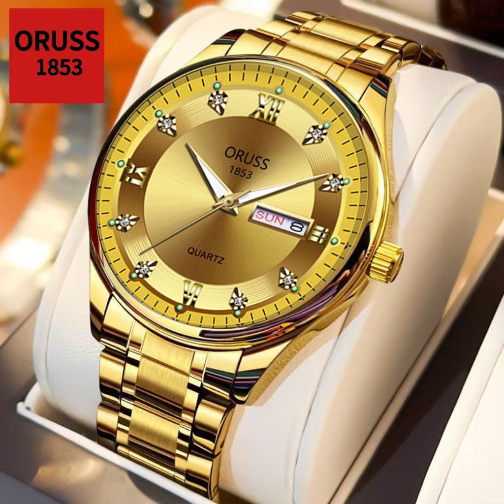 ORUSS รัส ต้นฉบับชายสีทองหรูหราสแตนเลสปฏิทินคู่ส่องสว่างกันน้ํานาฬิกาแฟชั่นเวอร์ชั่นเกาหลีนาฬิกาข้อมือควอตซ์