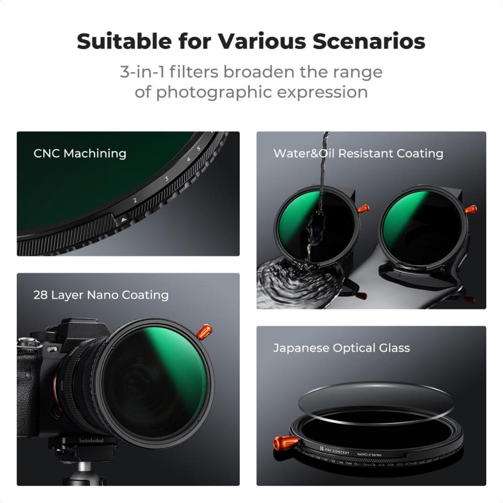 K&f Concept 37-82mm 3-in-1 Lens Filter Variable ND2-32 (1-5 Stops) & Circular Polarizing Filter CPL & Black Mist 1/4 พร้อม 28 Multi-Coated สําหรับเลนส์กล้อง Nano-Xcel Series