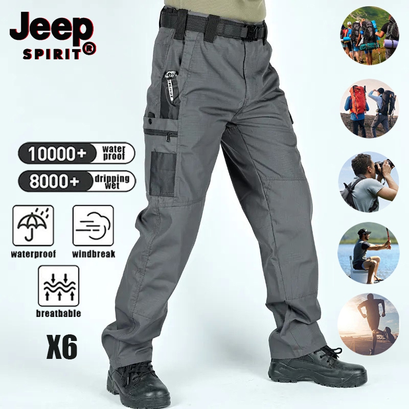 JEEP SPIRIT กางเกงทํางานยางยืดกลางแจ้งทรงหลวมสีเข้มและสะดวกสบายกางเกงหลายกระเป๋า