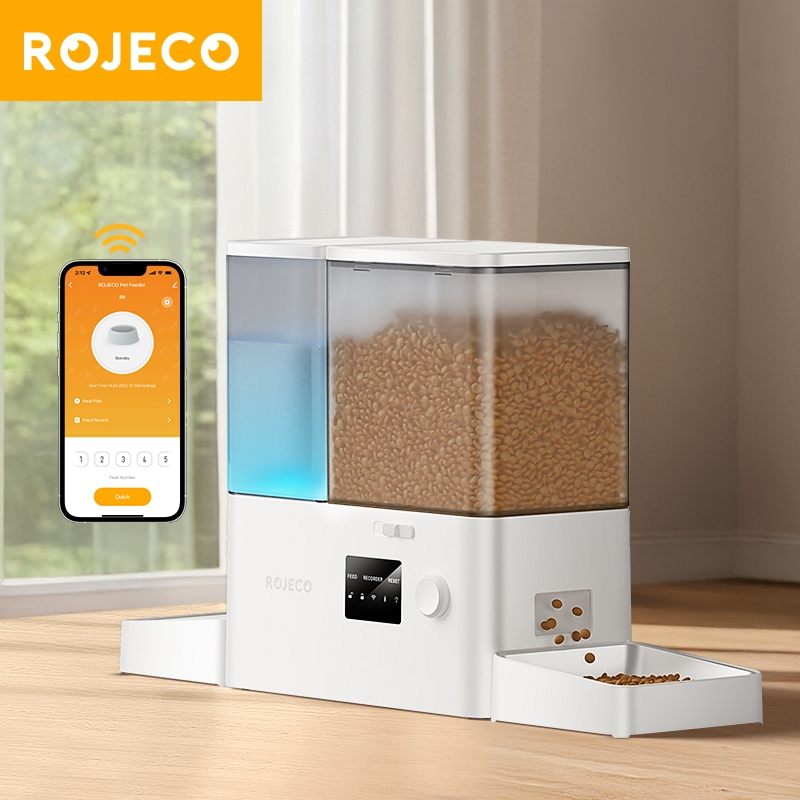 Rojeco 8.5L เครื่องป้อนสัตว์เลี้ยงอัตโนมัติ Gravity Water Fountain 2 In1 WiFi รีโมทคอนโทรลสมาร์ทสุนัข 5L เครื่องจ่ายอาหาร 3.5L น้ําพุ