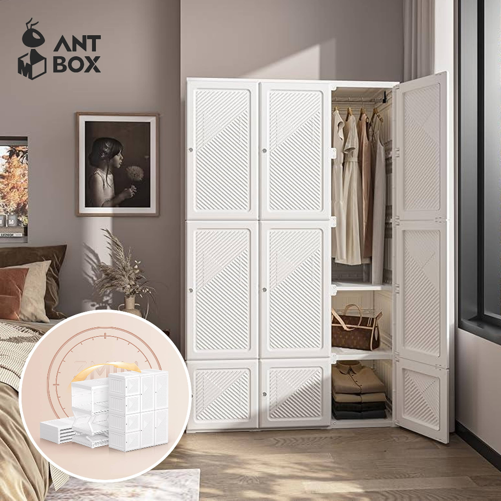 ANTBOX [พร้อมส่ง!!] ตู้เสื้อผ้า 6-15 ช่อง 1-3 แขวน ประตูสีขาวทึบ สไตล์มินิมอล ติดตั้งง่าย พับเก็บได้ สไตล์โมเดิร์น เหมาะกับการแต่งห้องทุกสไตล์