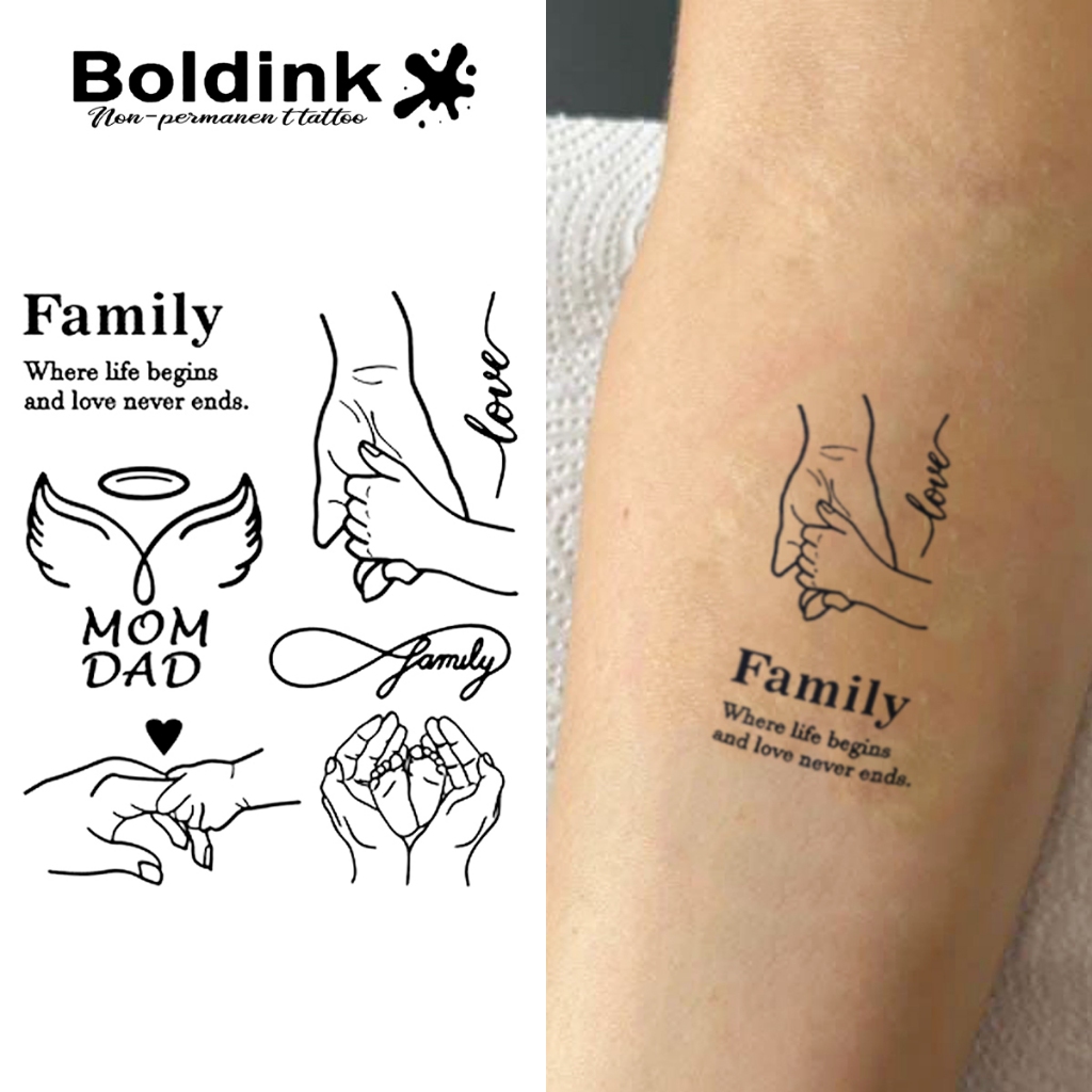 Boldink Family รอยสักชั่วคราว · สติกเกอร์รอยสักวิเศษกันน้ำกึ่งถาวร · ติดทน 2 สัปดาห์ · รอยสักปลอม · เหมาะสำหรับการใช้ทุกวัน