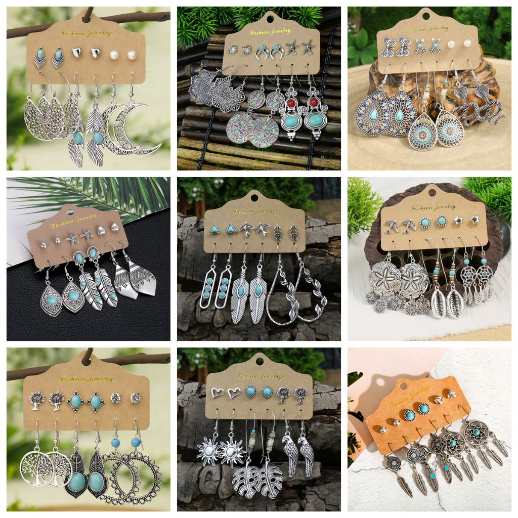 6 คู่แฟชั่นสีเงินโลหะ Feather ต่างหูชาติพันธุ์ Boho Turquoise ลูกปัดเรขาคณิตแกะสลักต่างหูเครื่องประดับสตรีอินเดีย
