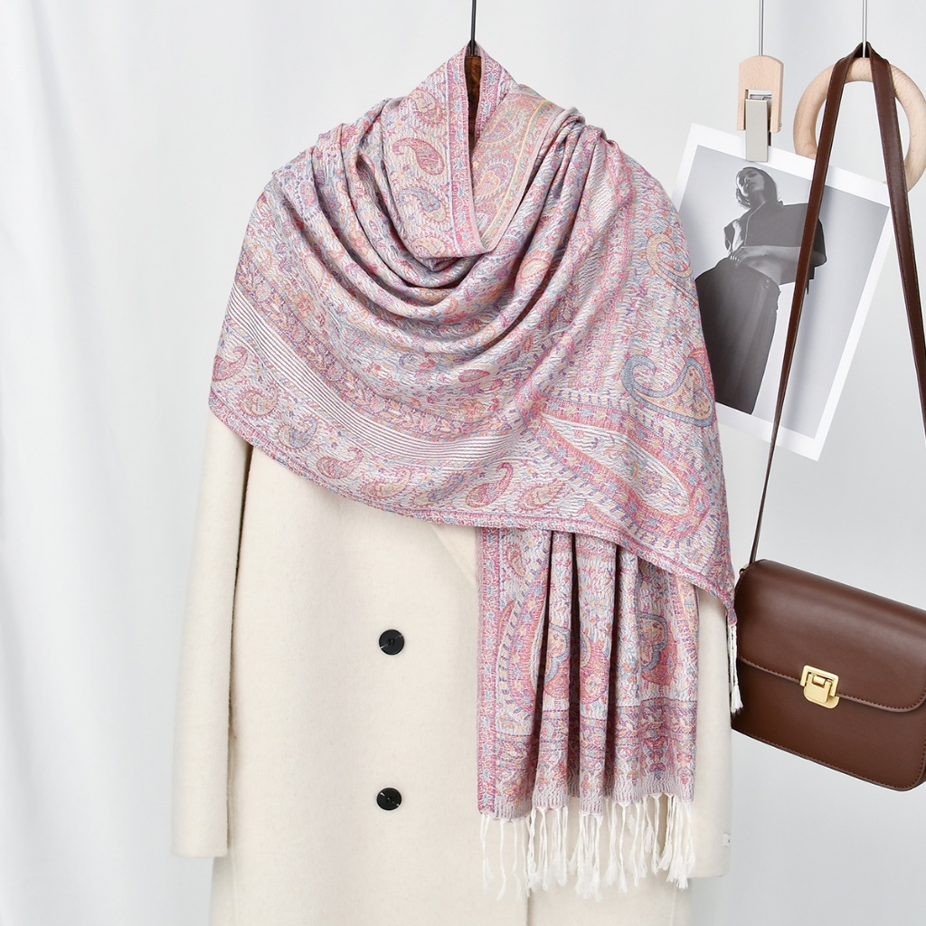 ลาเวน วินเทจเม็ดมะม่วงหิมพานต์ชาติพันธุ์ผ้าคลุมไหล่มุสลิมผ้าคลุมศีรษะ ผ้าแจ็คการ์ด พู่ผ้าคลุมไหล่ผู้หญิงสบายผ้าพันคอหนา