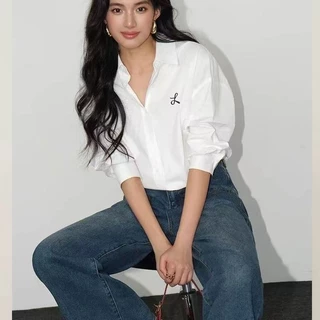 เสื้อแฟชั่นแขนยาวทรงหลวมสําหรับผู้หญิงปักลายเรียบง่ายและเสื้อเชิ้ตสไตล์เกาหลีสีทึบ