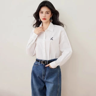เสื้อแฟชั่นแขนยาวทรงหลวมสําหรับผู้หญิงปักลายเรียบง่ายและเสื้อเชิ้ตสไตล์เกาหลีสีทึบ