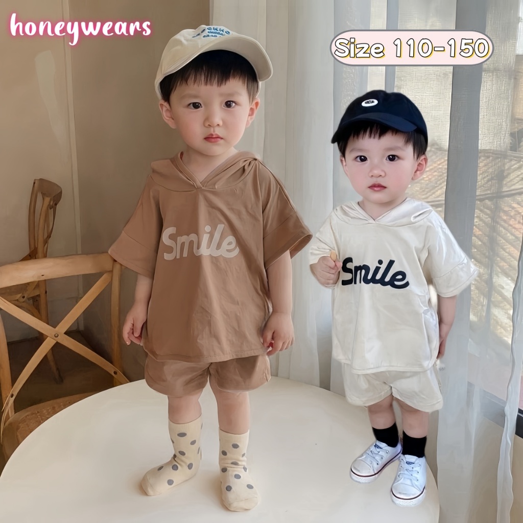 honeywears⚡️พร้อมส่ง⚡️ชุดแขนสั้นเด็กฤดูร้อน เวอร์ชั่นเกาหลี เสื้อฮู้ดลําลอง พิมพ์ลายตัวอักษร ไซส์ 110-150