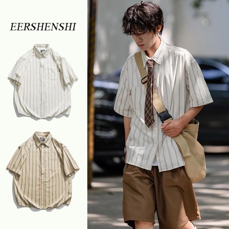 Eershenshie เสื้อเชิ้ตลายทางลําลองสําหรับผู้ชายที่มีคอคิวบาและรายละเอียดปุ่ม