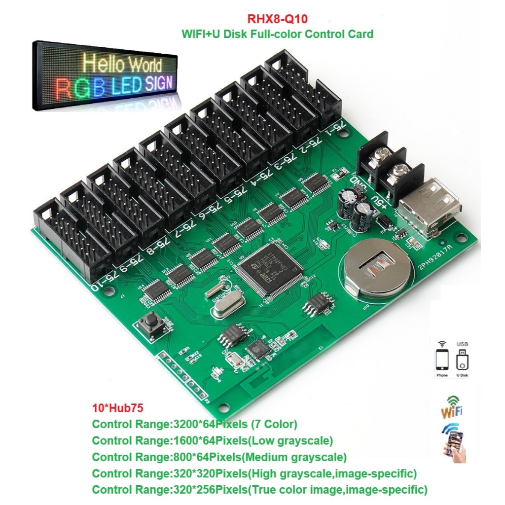 RHX8-Q10 Full สี Led การ์ดควบคุมจอแสดงผลสําหรับโทรศัพท์มือถือ Wifi เนื้อหาการส่งสัญญาณเลื่อนระบบควบค