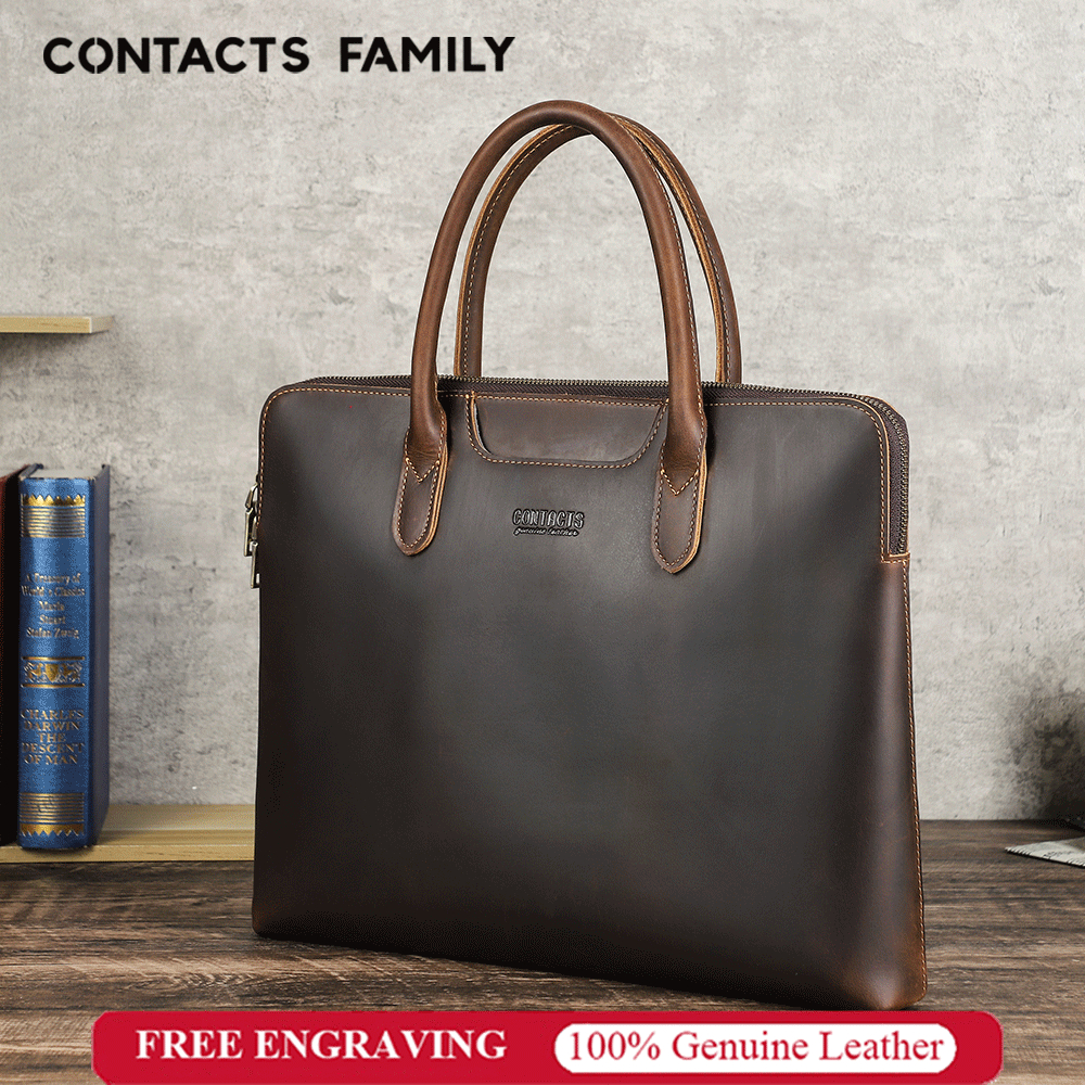 CONTACTS FAMILY กระเป๋าเอกสารหนังแท้สำหรับผู้ชาย ขนาด 14.2 นิ้ว