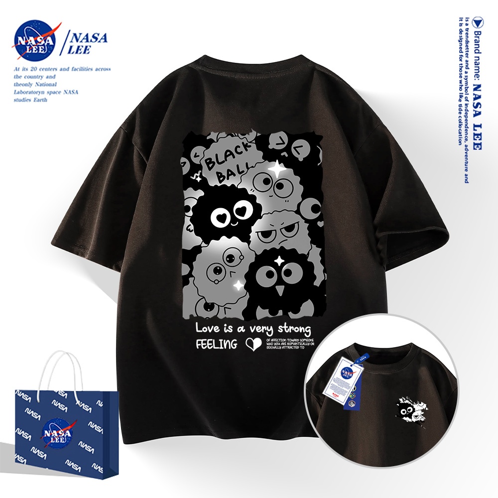 NASA เสื้อยืดแขนสั้นสไตล์อเมริกัน เนื้อผ้าฝ้าย 100% สำหรับผู้ชายและผู้หญิง ดีไซน์ลูกบอลฝ้ายสีดำขาว