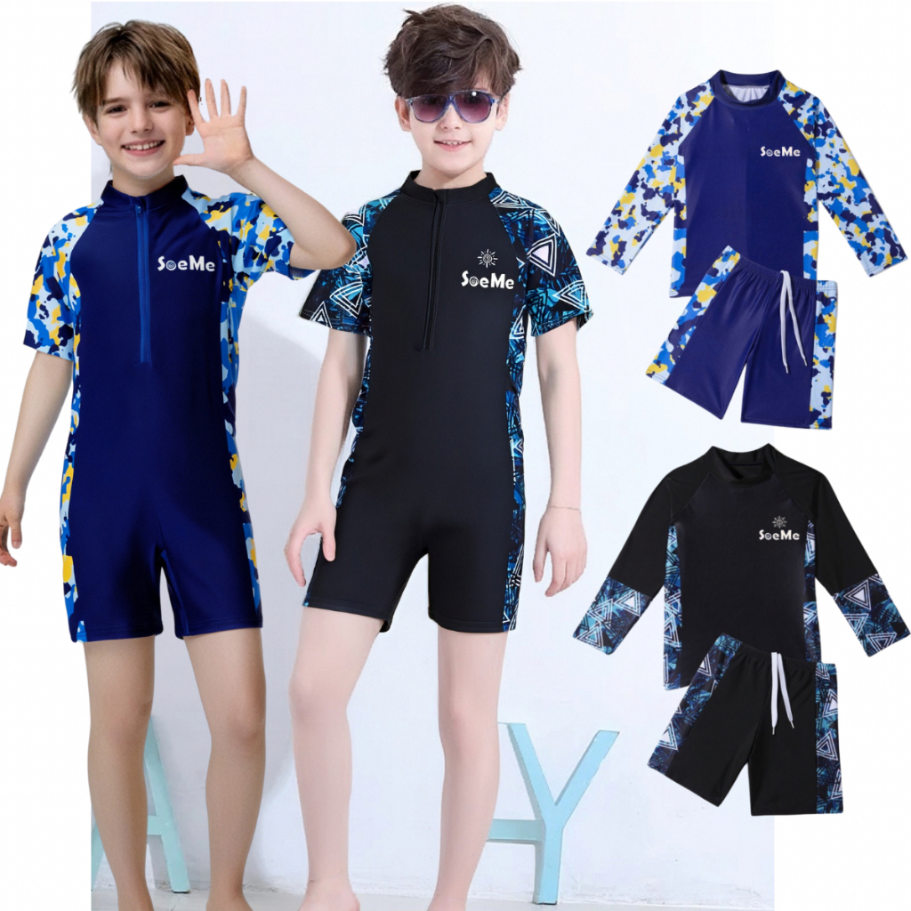 【จัดส่งจากประเทศไทย】ชุดว่ายน้ำเด็กผู้ชาย 2 ชิ้น บางรุ่นมาพร้อมหมวกว่ายน้ำ สีสันสดใส เนื้อผ้านุ่มสบาย