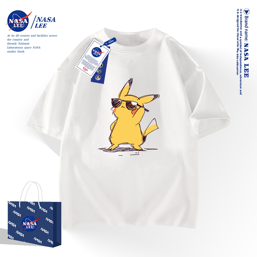 NASA เสื้อยืดแขนสั้นสไตล์อเมริกัน เนื้อผ้าฝ้าย 100% สำหรับผู้ชายและผู้หญิง ดีไซน์โปเกมอน
