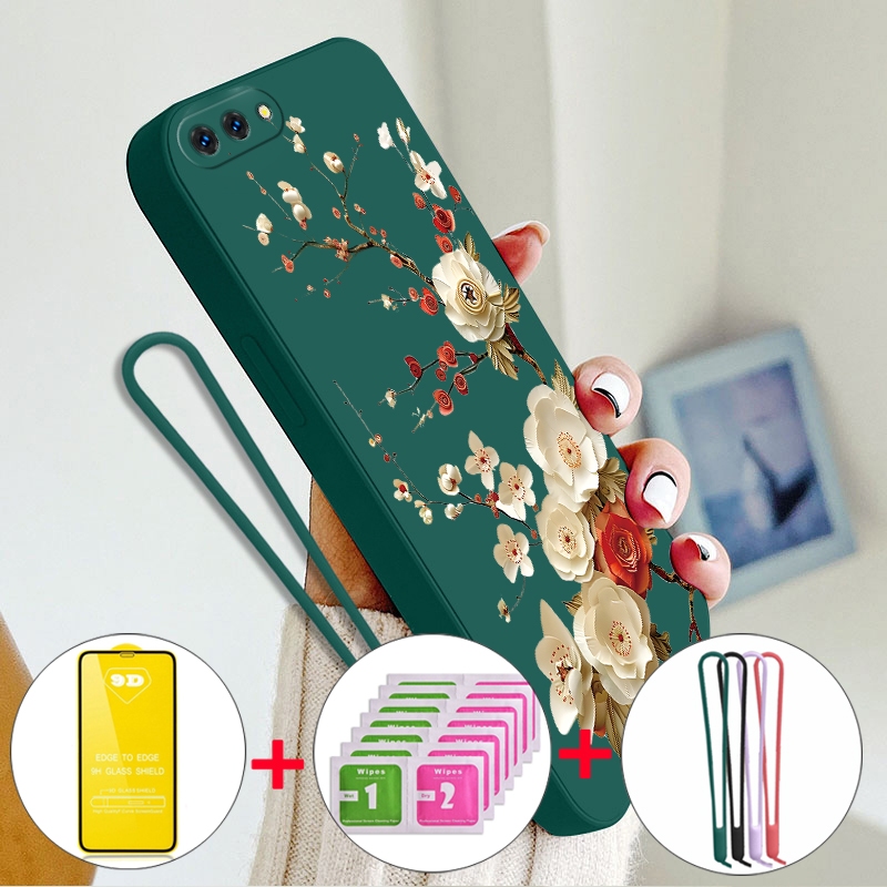 FOR ốp lưng FOR เคส พร้อมเคสกระจกนิรภัยสำหรับเคสโทรศัพท์ Realme c2 เคสนุ่มซิลิโคนเหลวกันกระแทก ดีไซน์ใหม่สวยงาม ลายการ์ตูนดอกไม้การ์ดีเนีย YTMZZH01