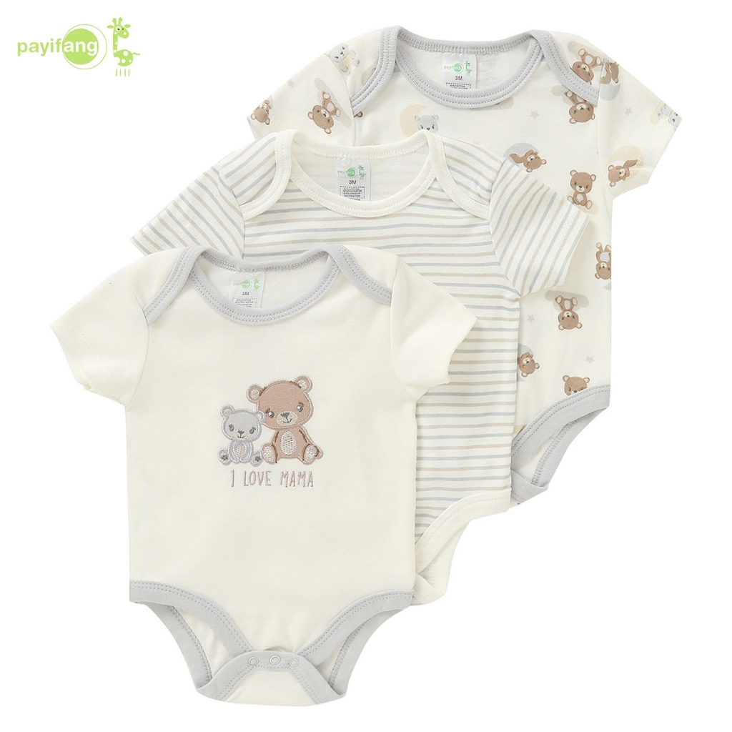 Payi Baby-3PCS หมีลายผ้าฝ้ายนุ่ม Onesies เด็กทารก Romper แขนสั้นบอดี้สูท