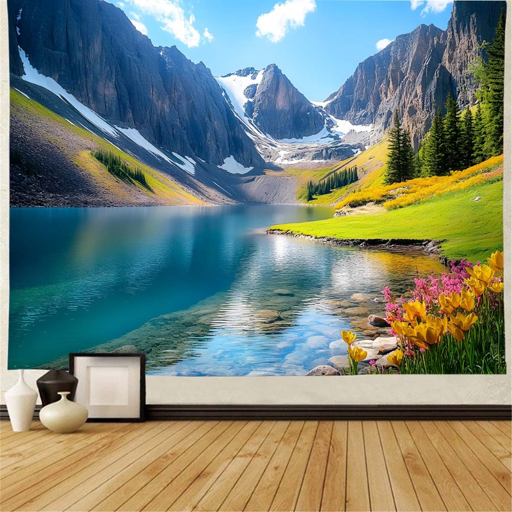 [พรมโพลีเอสเตอร์] ภูเขาป่าทะเลสาบดอกไม้ตกแต่งผนังอินนอร์ดิกภูมิทัศน์พรมห้องนั่งเล่นห้องนอนผนังพื้นหลังทีวีผ้าพื้นหลังที่เรียบง่ายทนทานพรุนฟรีแขวนม่านการศึกษาผนังภาพวาดผ้าผนังผ้าใบผนังเค้าโครงภาพพื้นหลังผ้าตั้