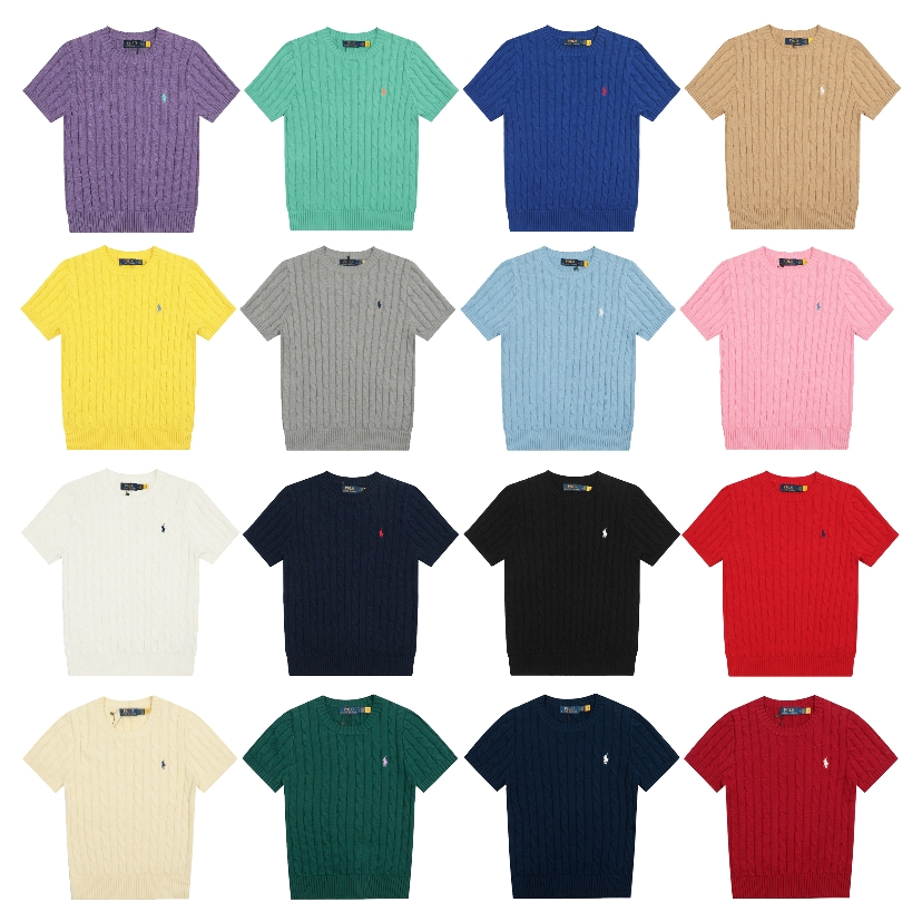 คอกลมสีทึบ Pony ปักโลโก้ถักแขนสั้นคลาสสิก Basic All-Match Four Seasons K