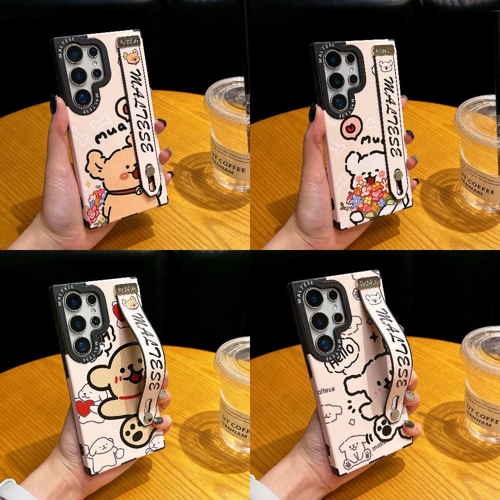 การ์ตูน น่ารัก Hello เส้น ลูกสุนัข ส่งดอกไม้ สายรัดข้อมือ เคส Samsung Galaxy S25 Ultra S24 Ultra S23Ultra S22Ultra S24 S25 Plus + Case ใหม่ หนัง สัมผัสผิว การดูดแม่เหล็กในตัว ทนทานต่อการตกหล่น นนุ่ม เคสโทรศัพท์มือถือซัมซุง