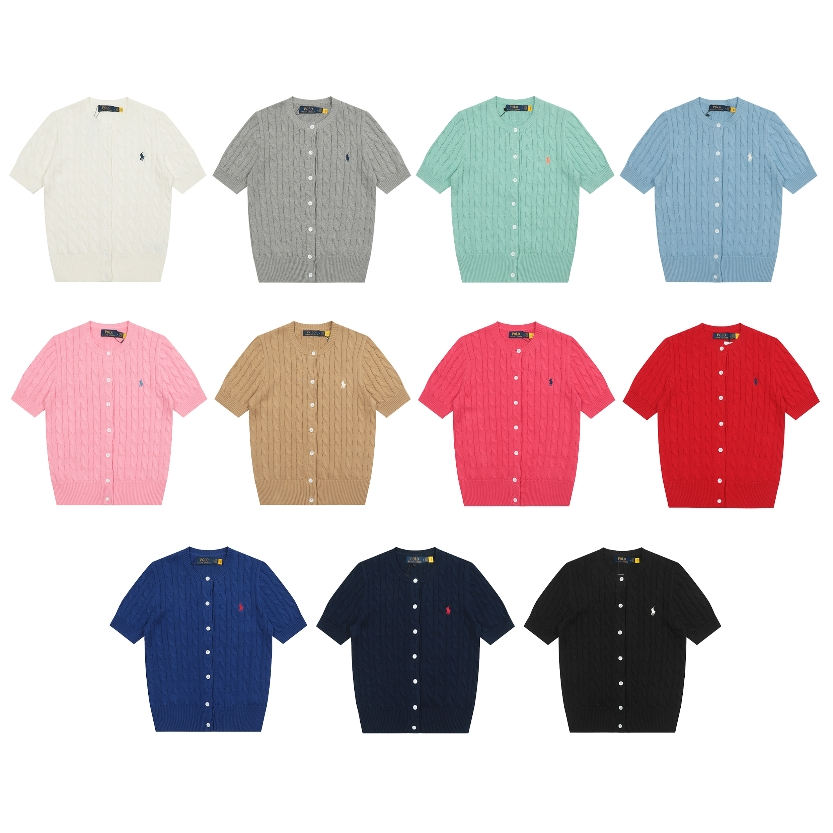 เสื้อคาร์ดิแกนคอกลมสีทึบ Pony ปักโลโก้ถักแขนสั้นคลาสสิก Basic All-Match Four Seasons คาร์ดิแกนถัก