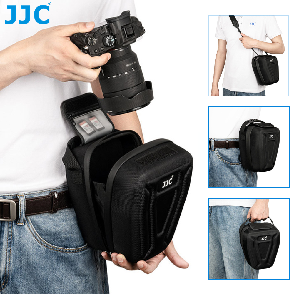 JJC Camera Case EVA กระเป๋าเป้สะพายหลังกล้องพร้อมเปลือกแข็งต่อต้านการชนกัน สายรัดข้อมือสายคล้องไหล่กระเป๋าเข็มขัดสําหรับ Canon Sony Fujifilm Nikon Mirrorless และ DLSR กล้องและเลนส์และ CCD
