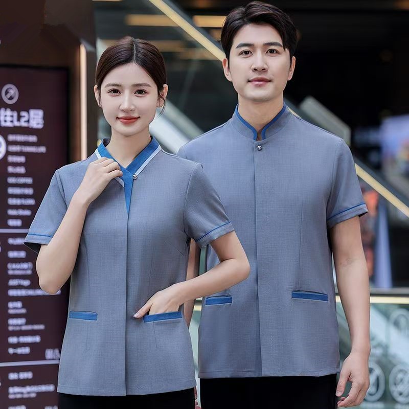 1ชิ้นทําความสะอาดเสื้อผ้าทํางานผู้หญิง/ผู้ชายแขนสั้นโรงแรมห้างสรรพสินค้าทําความสะอาดป้าบริการท็อปส์