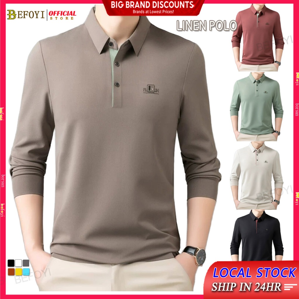 เสื้อโปโลผู้ชายผ้าลินินแขนยาวปกเสื้อยืดลําลองธรรมดาสบายหนุ่มกลางอายุสํานักงานธุรกิจกลางเสื้อ BEFOYI SZ213