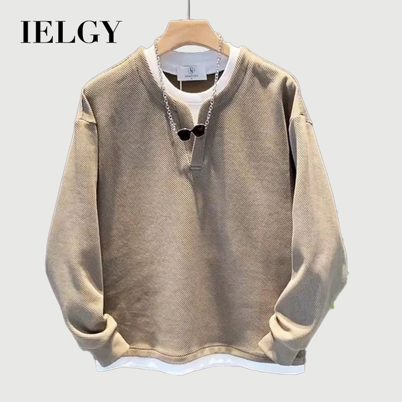 IELGY ฤดูใบไม้ร่วงสีทึบคอวีเสื้อกันหนาวผู้ชายหลวมสบายๆแขนยาวเสื้อยืด