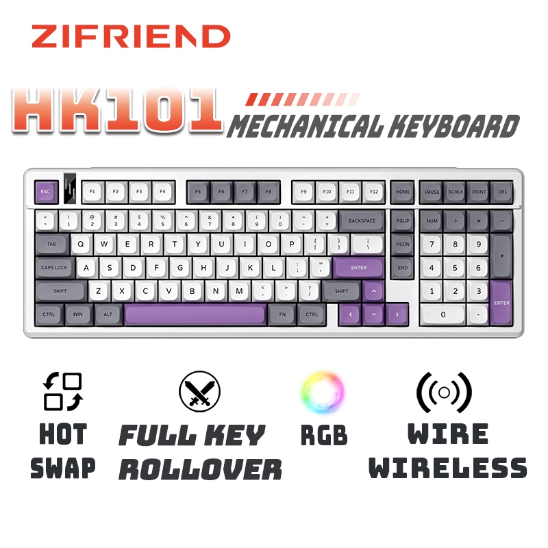 Zifriend HK101 คีย์บอร์ดแบบกลไก RGB Hotswap คีย์บอร์ดเกมไร้สายทํางาน