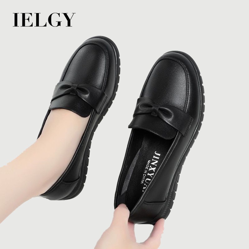 IELGY ลื่นทํางานผู้หญิงรองเท้าหนังสีดํานุ่มสบายล่อแบน