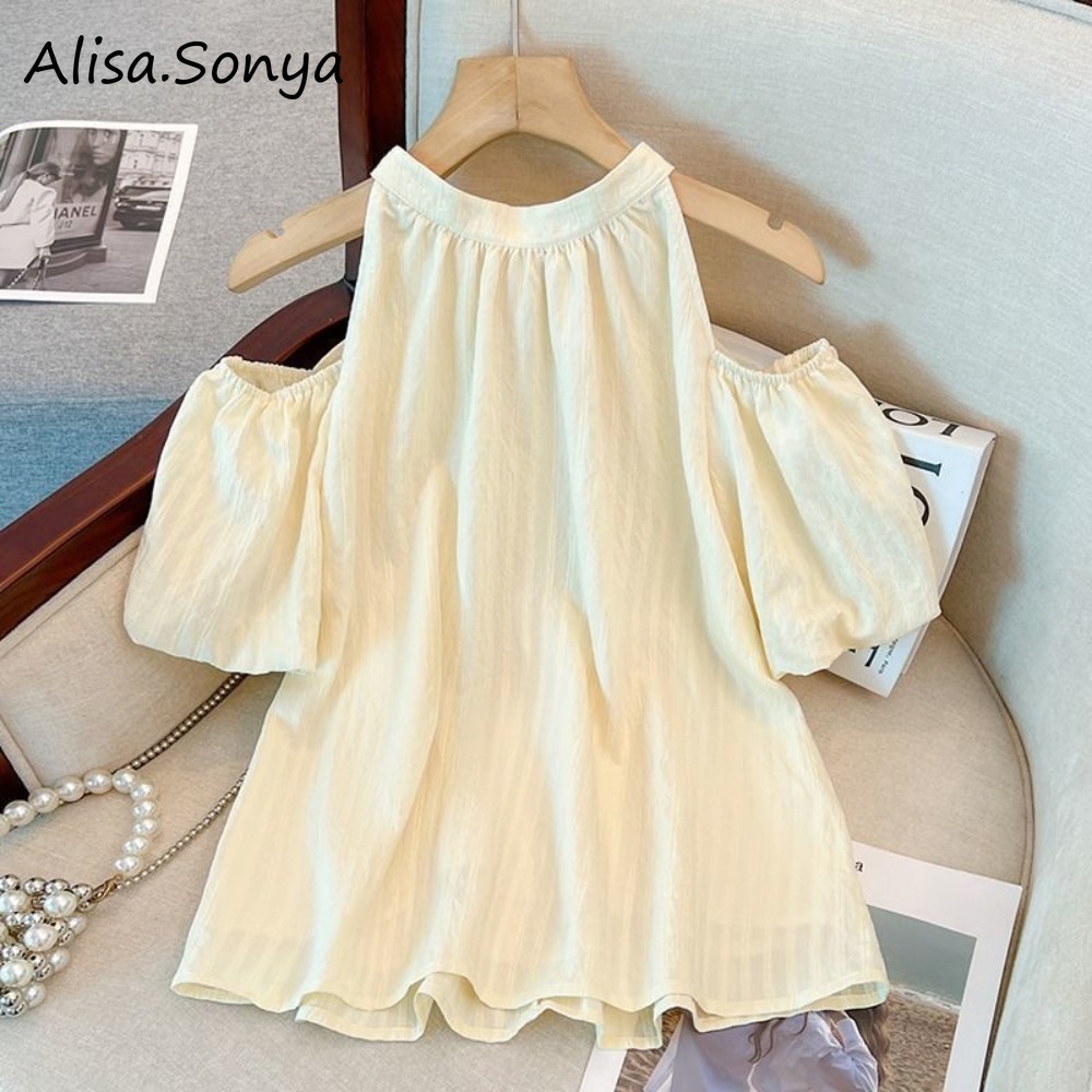 Alisa.sonya เสื้อผู้หญิง สไตล์ฝรั่งเศส ซัมเมอร์ คอผูก เปิดไหล่ แขนพอง 24AS1209