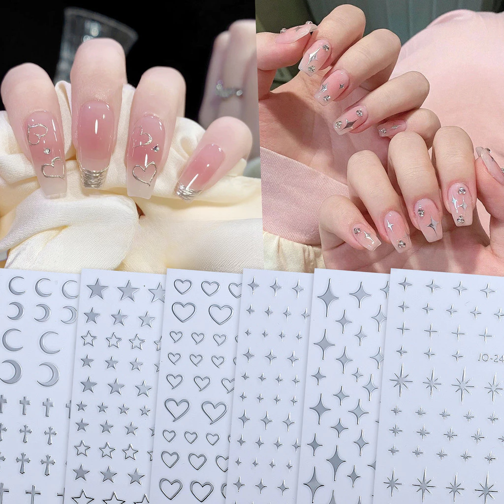 ใหม่สไตล์ ตัณหาบริสุทธิ์รักดาวนางฟ้าสติ๊กเกอร์ติดเล็บสีเงินสีขาวดาวสติ๊กเกอร์ติดเล็บ
