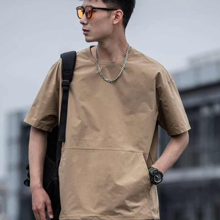 ProMan-ฤดูร้อนรุ่นใหม่ผู้ชายชุดทำงานแขนสั้น  สีล้วน  เรียบง่าย  คอกลม  เสื้อเย็บกระเป๋า