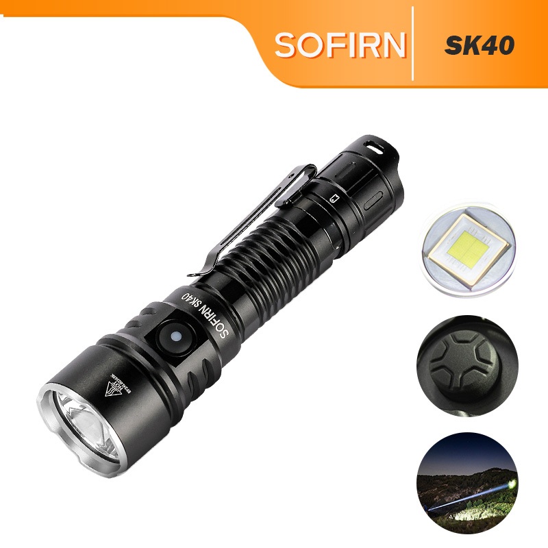 SOFIRN SK40 ไฟฉายยุทธวิธี 3200 Lumens, EDC แบบชาร์จไฟได้พร้อมโยนยาว 580 เมตร, สปอตไลท์สวิตช์คู่สําหร