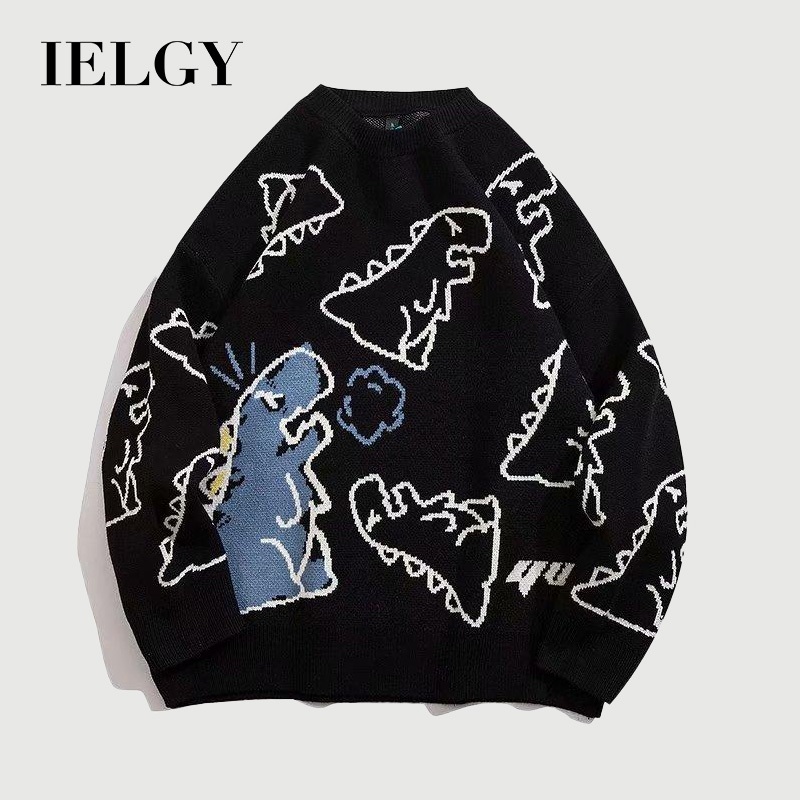 IELGY เสื้อสเวตเตอร์คอกลมหลวมพิมพ์ลายสนุกการ์ตูนสําหรับผู้ชาย