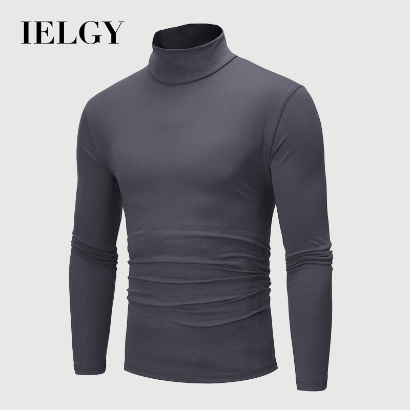 IELGY ผู้ชายคอปกสูงบางแขนยาวเสื้อยืดเสื้อ จุดต่ําสุด