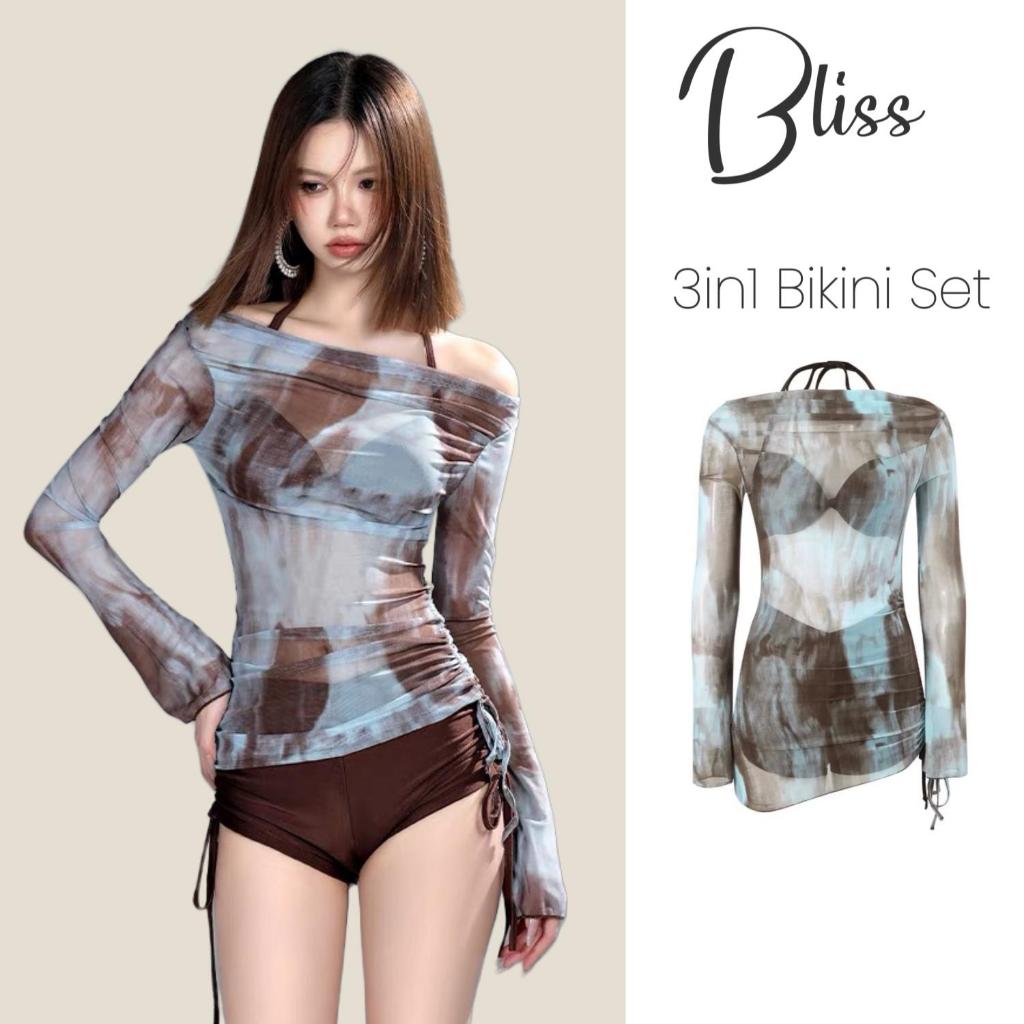 BLISS BlueBrown 3in1 ชุดบิกินี่ ชุดชายหาดแฟชั่น ผ้าคลุมกันแดด แยก ชุดว่ายน้ำเอวสูง เสื้อคอเชือกแขวนคอ เหมาะสำหรับวันหยุดฤดูร้อน ชุดว่ายน้ำสตรี กีฬาและทำกลางแจ้ง เสื้อผ้าผู้หญิง ชุดชั้นใน ชุดเลานจ์