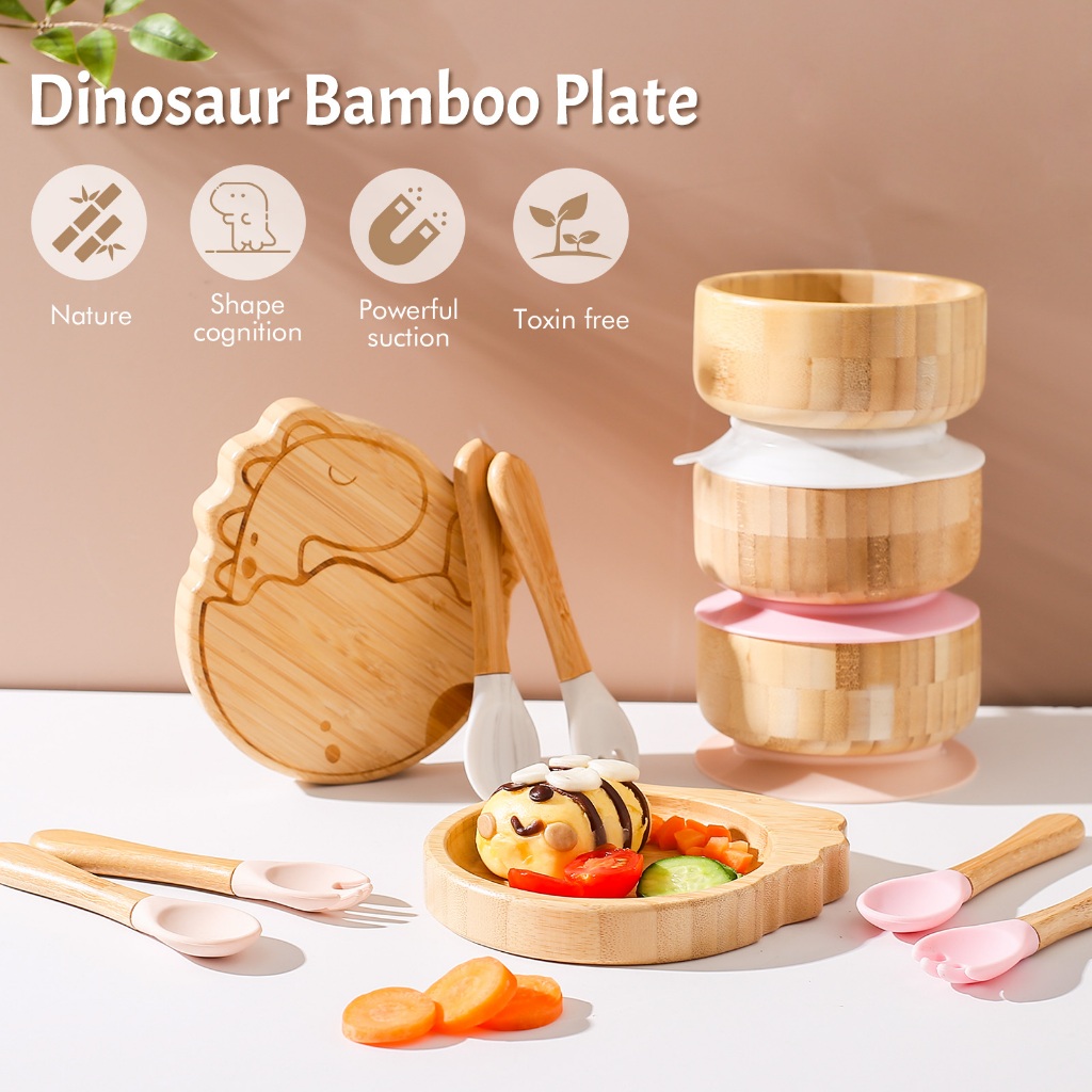 2 in 1 Baby Bamboo Wood Dinner Plate ฐานดูดที่แข็งแกร่งชามพร้อมช้อนและส้อม Feeding Essentials ชามฝึกเด็กสําหรับทารกแรกเกิด