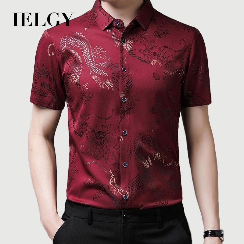 IELGY เสื้อเชิ้ตแขนสั้นลําลองระบายอากาศสําหรับผู้ชายแบบบางลายมังกร