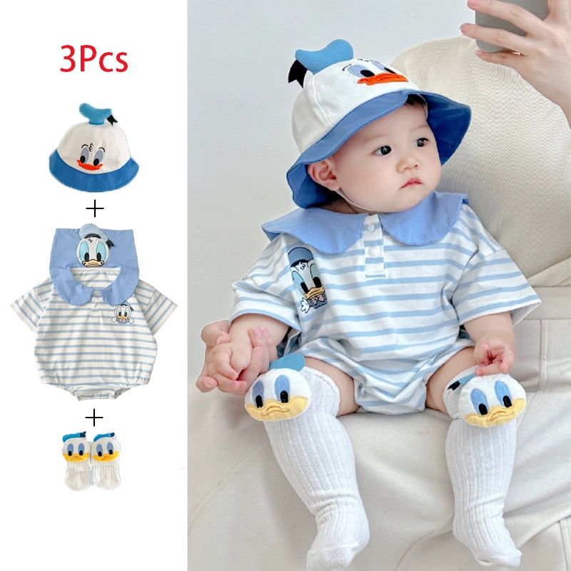 0-24 เดือน Disney Donald Duck Baby Jumpsui สําหรับเด็กชายแขนสั้นเสื้อผ้าการ์ตูน Romper
