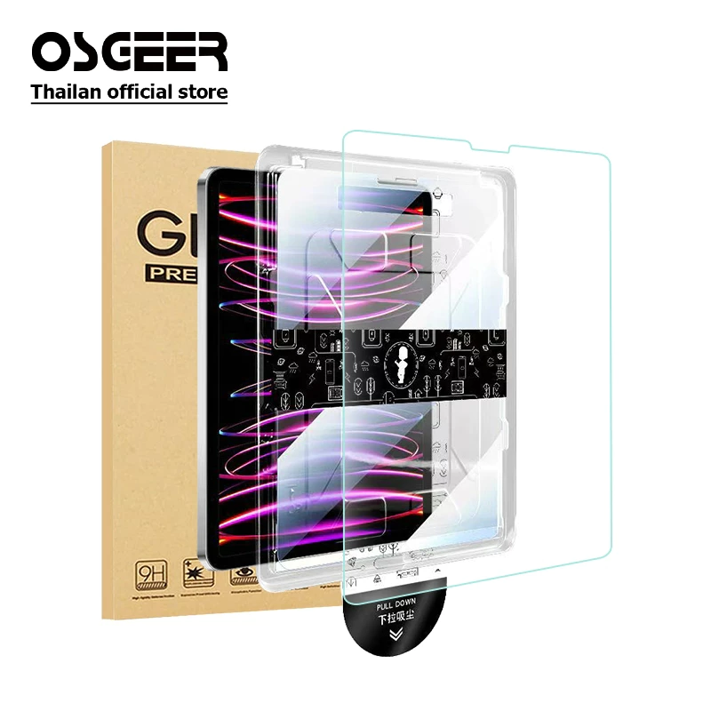 OSGEER 2 แพ็คป้องกันหน้าจอสําหรับ iPad air 8 7 6 5 4 M4 M3 M2 Gen 12 11 10 9 8 A16 Pro 13 11 นิ้ว M4 M5 พร้อมกรอบติดตั้งง่าย 9H ฟิล์มกระจกนิรภัยใสฝุ่นแถมกล่อง