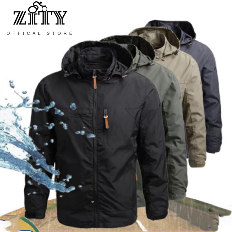 ZITY เสื้อแจ็คเก็ตผู้ชายกันน้ำกลางแจ้ง เสื้อแจ็คเก็ตผู้ชาย แจ็คเก็ตกันลมและกันน้ำ งานดี ใส่สบาย Big Shark หนัง Zip Hooded Jacket